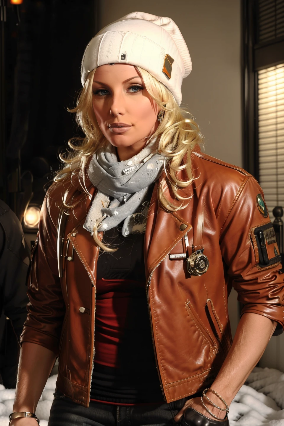 ((masterpiece:1.2, crisp:1.1, illustration, concept art)), ((Tom Clancy's The Division)), beautiful woman Brittany Andrews <lora:Brittany_Andrews:0.97> as a female SHD agent, brown leather jacket and a beanie, snowy streets of postapocalyptic Manhattan at dusk, (close-up:1.3, cinematic lighting, highly detailed, skin texture, goosebumps), <lora:Mild detail adjusterV10:0.5>