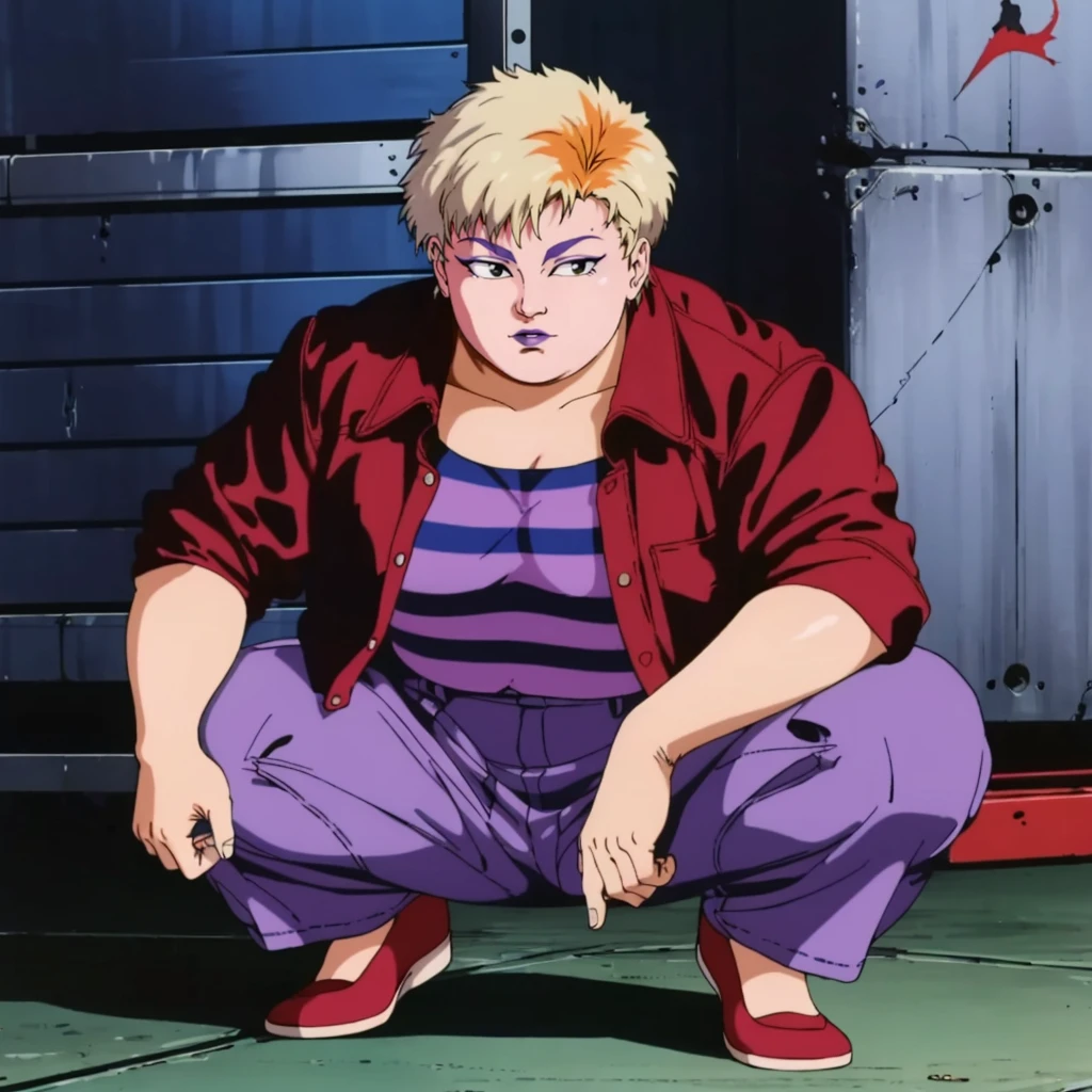 <lora:MZ2Dump001:0.7>,
solo,
MZ2Dump,1girl,multicolored hair,blonde hair,short hair,eyeshadow,black eyes,purple lips,fat,1980s (style),
red jacket,striped shirt,
purple pants,
full body,squatting,