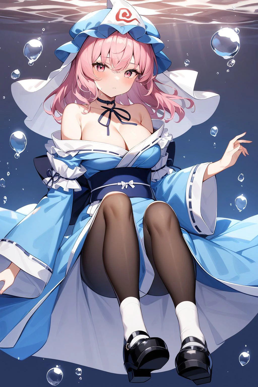 <lora:saigyouji_yuyuko XL:1>,, saigyouji yuyuko, 1girl, solo, japanese clothes, wide sleeves, kimono, underwater, veil, cleavage, sash, bubble, long sleeves, blue kimono, full body, socks, air bubble, black footwear, obi, choker, ribbon, closed mouth, white socks, off shoulder, neck ribbon, pantyhose, ribbon choker, masterpiece,best quality,very aesthetic,absurdres