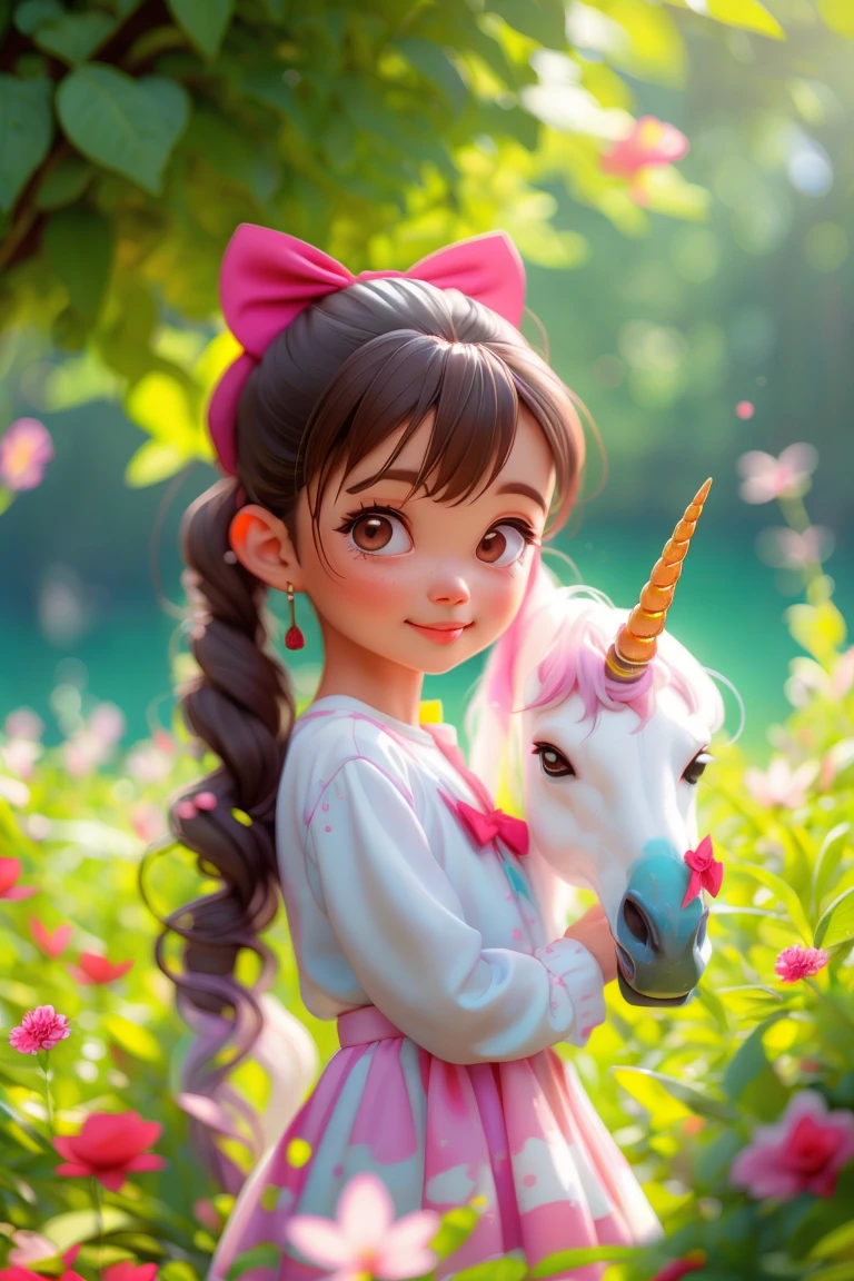 (Unicorn:1.2), Unicorn and Girl, 1girl, bow, dress, flower, hair bow, blurry, pink dress, looking at viewer, brown hair, long hair, long sleeves, blurry background, outdoors, red bow, animal<lora:unicorn-HXZ:0.8>crystal,