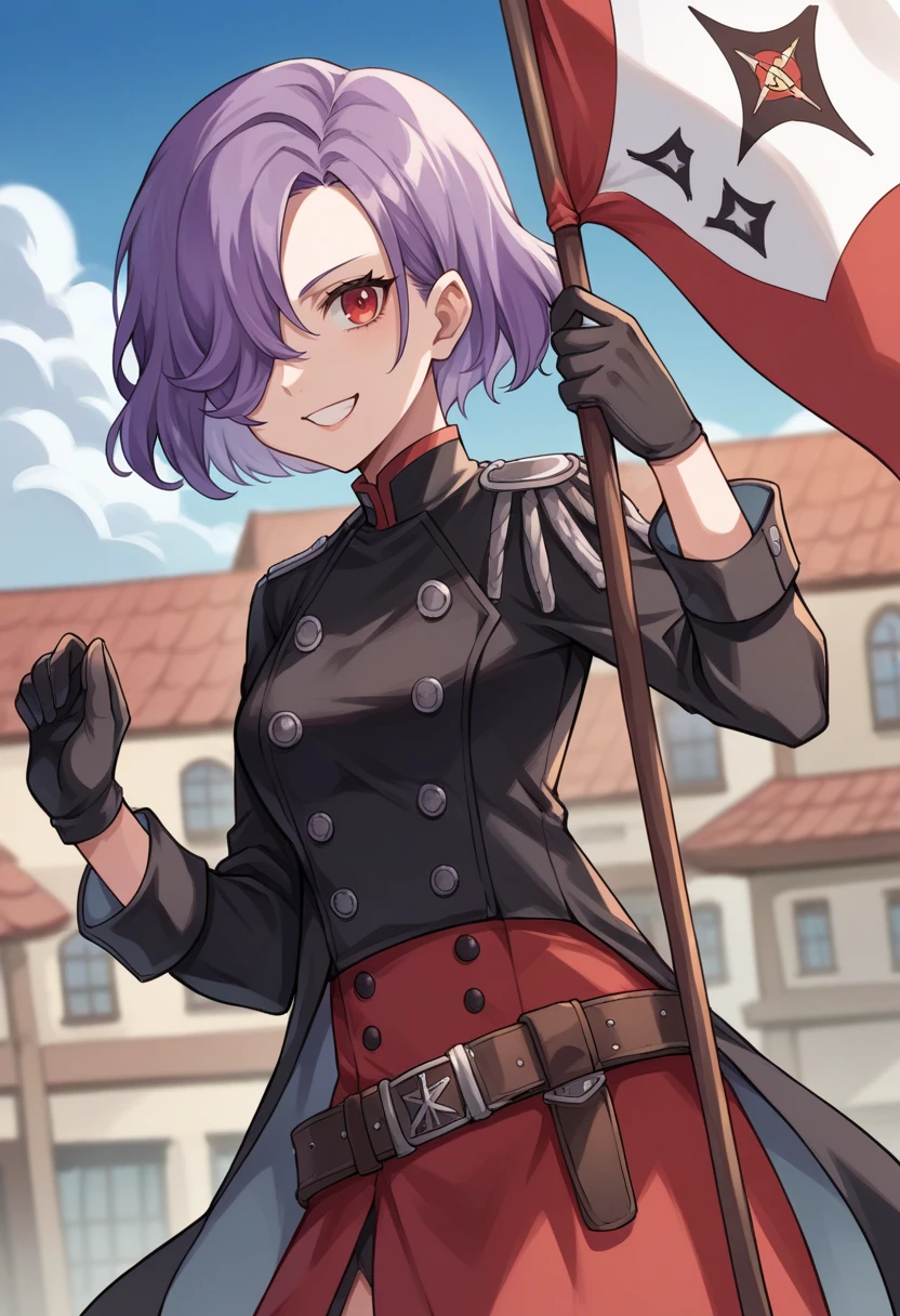 score_9, score_8_up, score_7_up, source_anime BREAK 1girl, solo,  <lora:zs_ErinaXL:1> erinap5t, short hair, hair over one eye, purple hair, black jacket, epaulets, belt, red skirt, gloves, town, village square, holding flag, confident, smile, blue sky