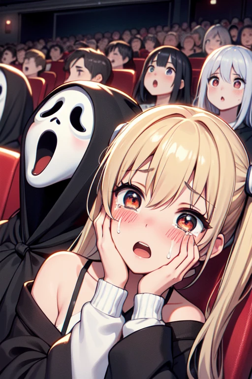 scream movie,(huge ghostface), crowd, big screen, hand on own face, 2girls snuggle up, cinema seating, scared, off shoulder sweater, coca-cola, disposable cup, popcorn, stairs, night, open mouth, high quality, masterpiece,
<lora:girllikescreammovie:.8>
paik, brown eyes, black hair, <lora:paik_(battlefield_2042):.7>
