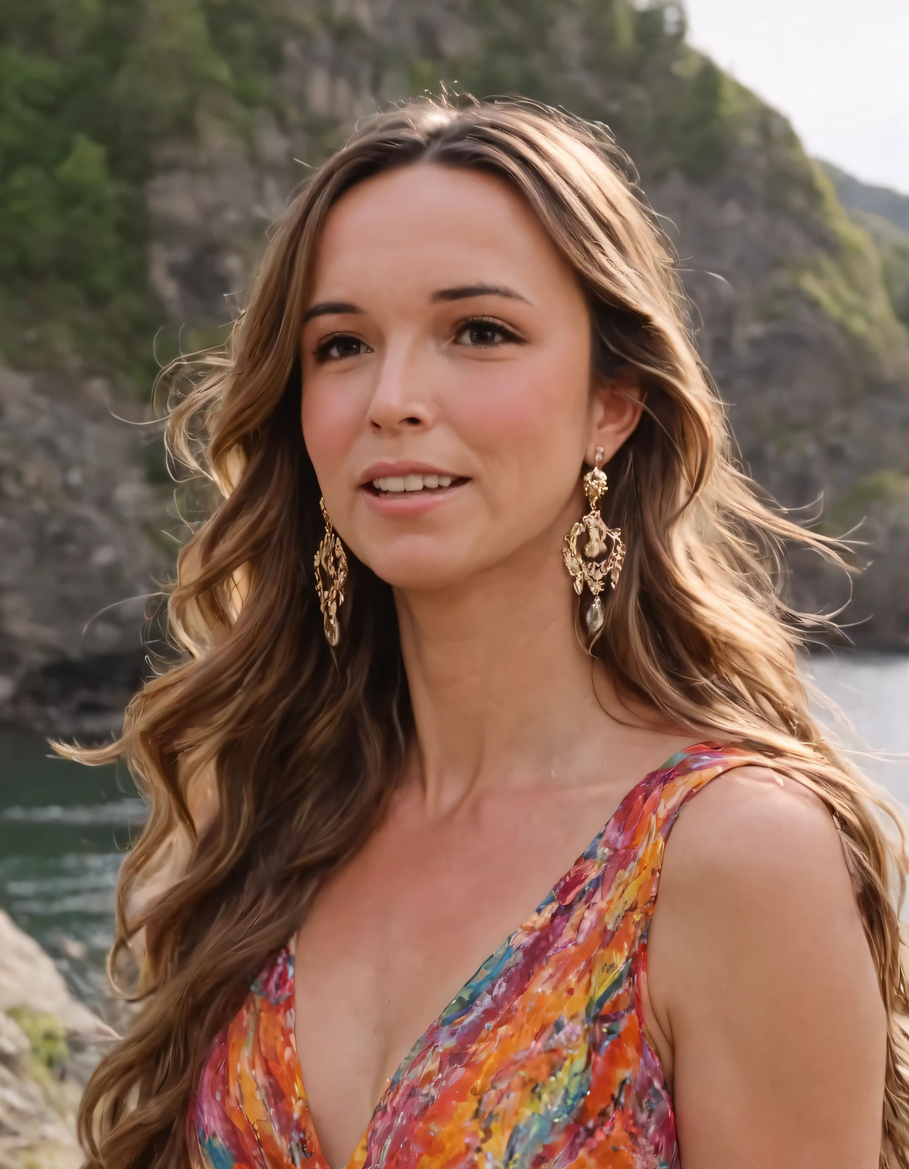 A woman named Pierson, clad in a vibrant ensemble and delicate accessories, stands with her long brown locks flowing, gazing intently into the camera as she captures an exquisite moment of happiness on a picturesque location, accentuating the sparkle of her earrings. pierson <lora:rroizy18e96d9c6f3t58a:1>