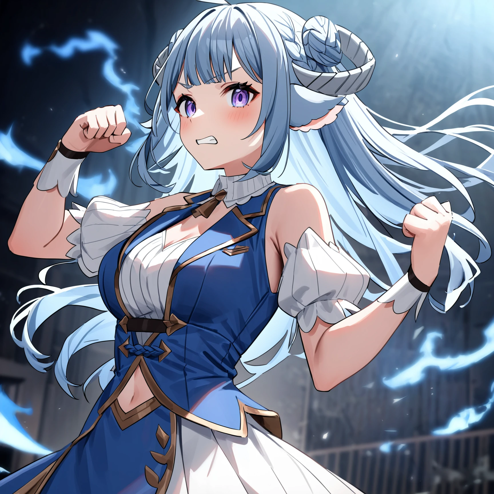 (MinaiAruma:1.2), 1girl, long hair,
waistcoat,
looking at viewer, (very angry:0.8), (clenched teeth:0.7), (raised fist and going to punch you:1.2), standing, upper body, (floating hair:1.2), cinematic_angle, three-quarter view, dutch angle,
blue fire, masterpiece, newest, absurdres, <lora:MinaiArumaXL:1>,