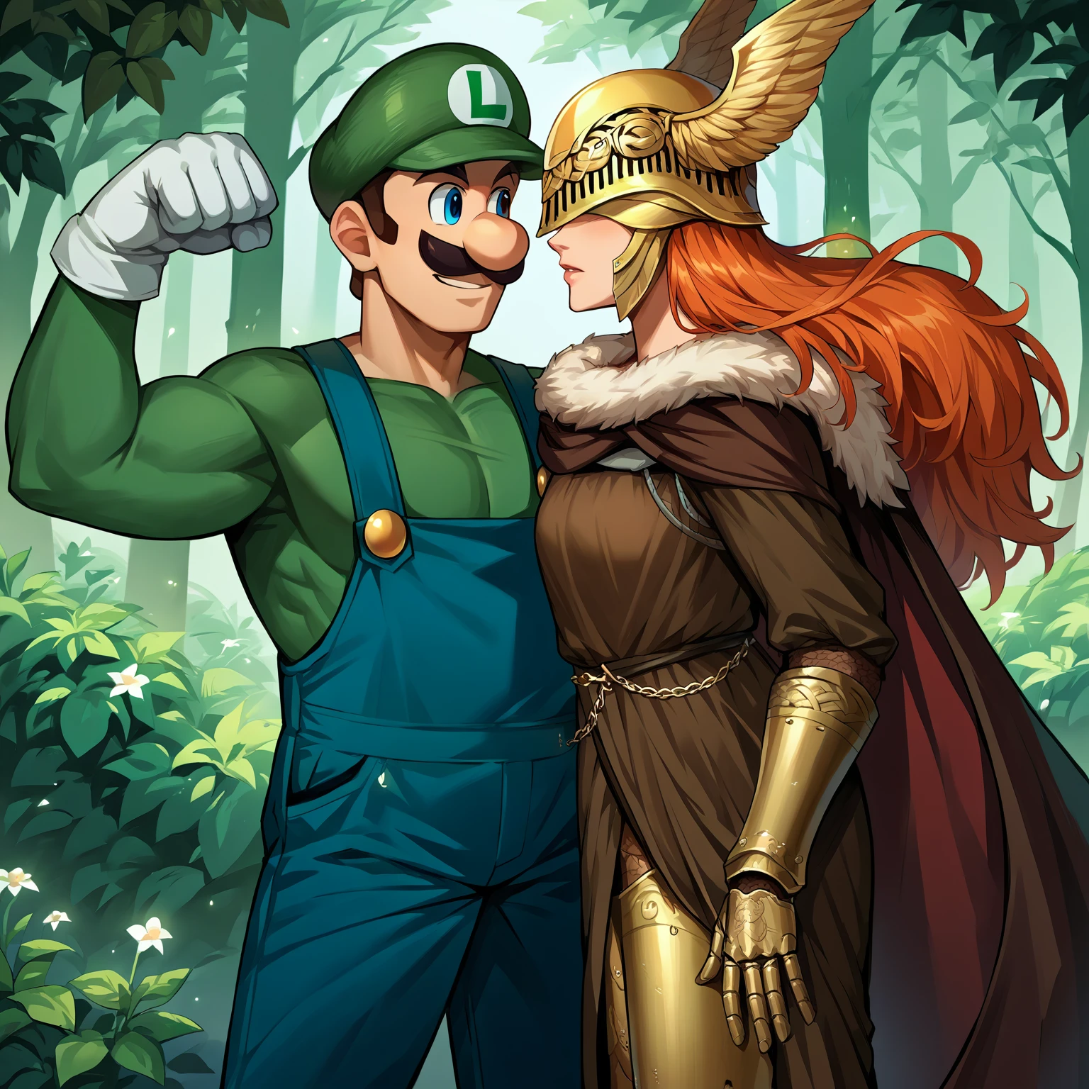 score_9, score_8_up, score_7_up, source_anime, standing, looking at another, outdoors, forest, 
BREAK 1boy, Incrsluigi, luigi, green headwear, smile, <lora:Luigi_XLPD:1>, blue overalls, white gloves, long sleeves, flexing, muscular,
BREAK 1girl, <lora:Malenia_XLPD:1> MaleniaDef, armor, cape, winged helmet, brown dress, prothestic leg, single mechanical arm, prosthesis, mechanical leg,