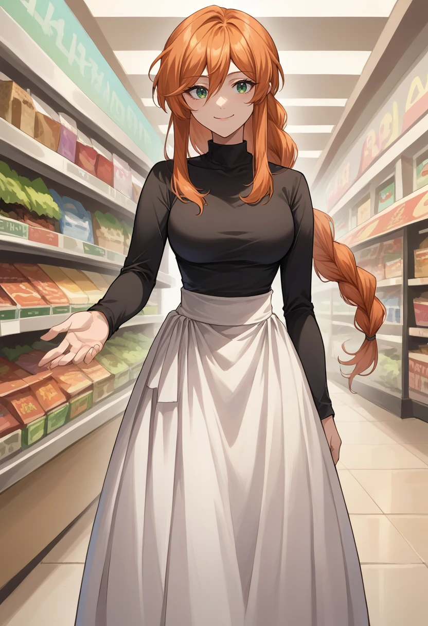 score_9, score_8_up, source_anime, 1girl, solo, FlammeFrieren, orange hair, green eyes, long hair, braided ponytail, high-waist skirt, long skirt, white skirt, black shirt, long sleeves, smile, standing, indoors, shopping mall, <lora:ChamFlammePonyXL:1>