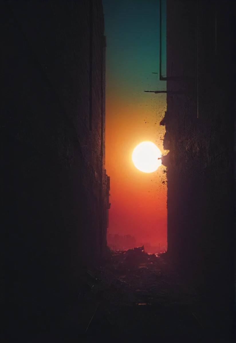 building at night colliding with a colorful eclipse, detailed, shadows, atmospheric, BOOM! <lora:- SDXL - vant_blk_contrast_V2.0:0.8>