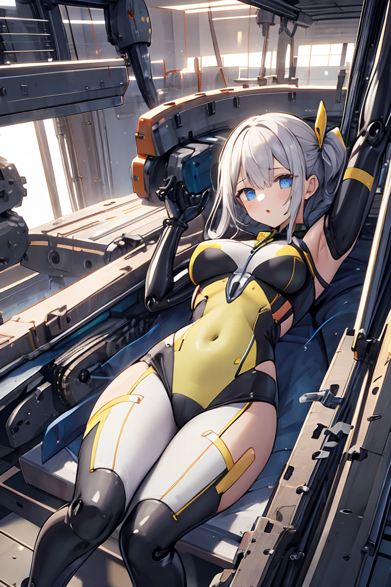 <lora:mechanical:0.7> mechanical bed,lying,(close-up:0.4),(1girl),(outfit:1.5),latex suits,