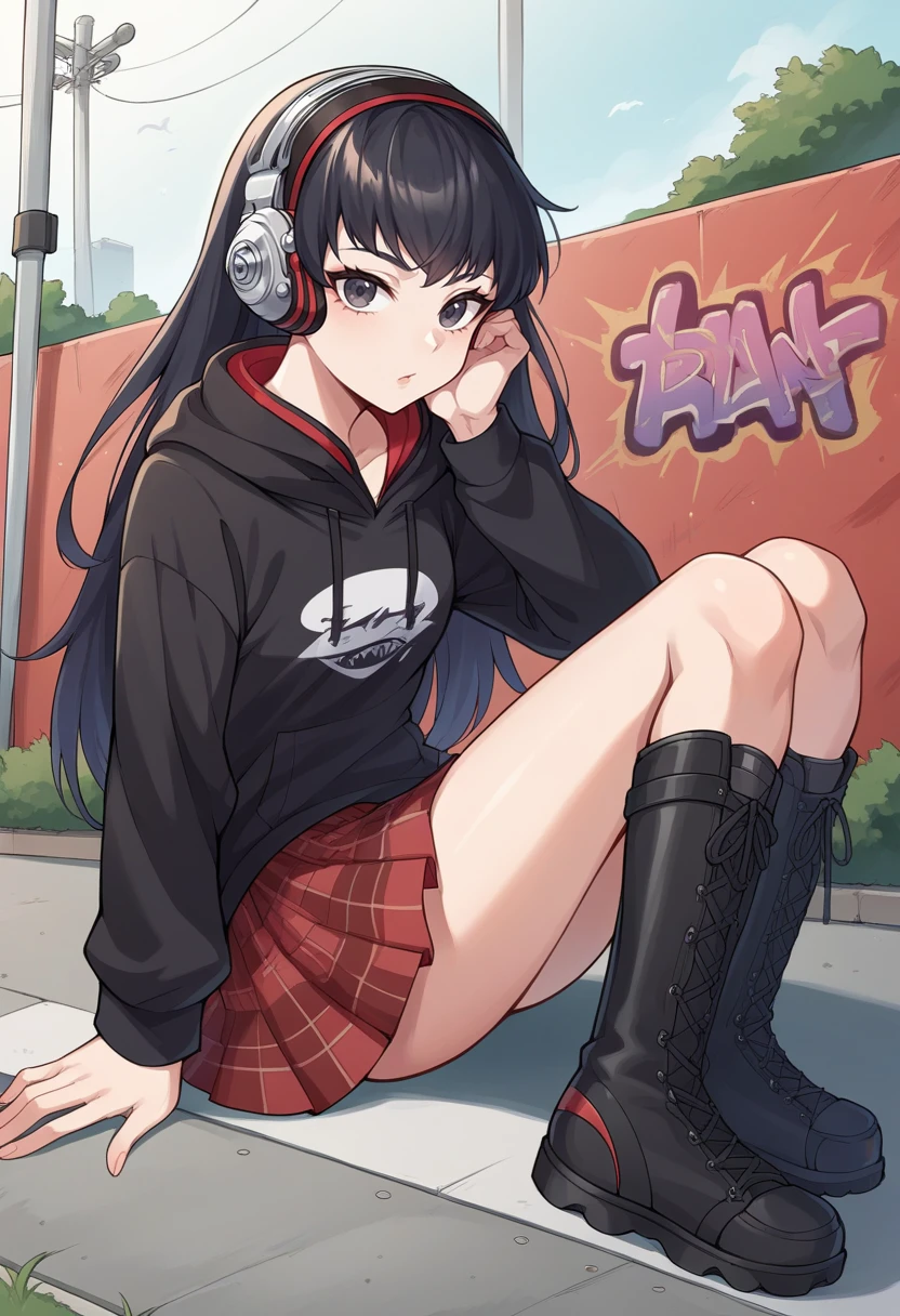 score_9, score_8_up, score_7_up, source_anime BREAK 1girl, solo,  <lora:zs_AlexXL:1> alexsmtsj, black hair, long hair, bangs, headphones, black hoodie, red skirt, plaid skirt, knee boots, skate park, graffiti