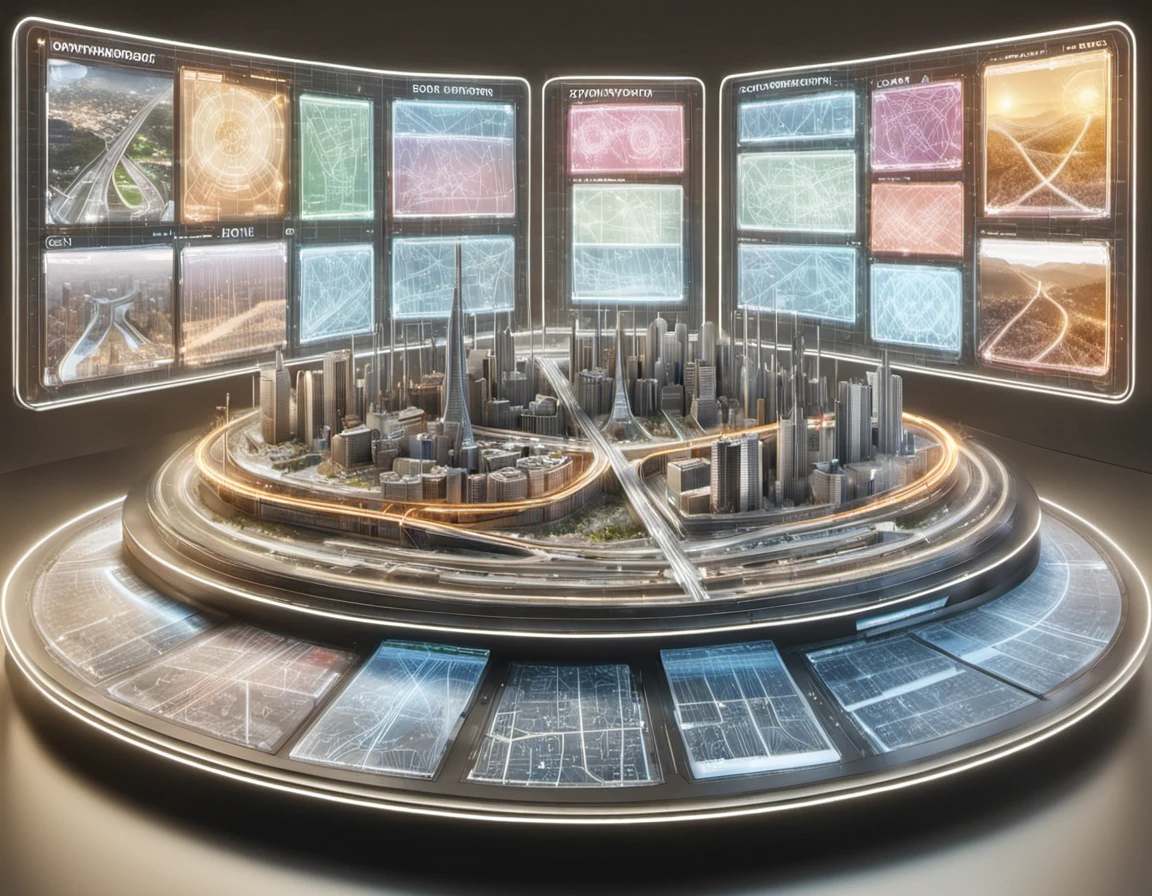 a display stand for a city model with details about infrastructure roads bridges and energy lines and mapped travel and  economic charts