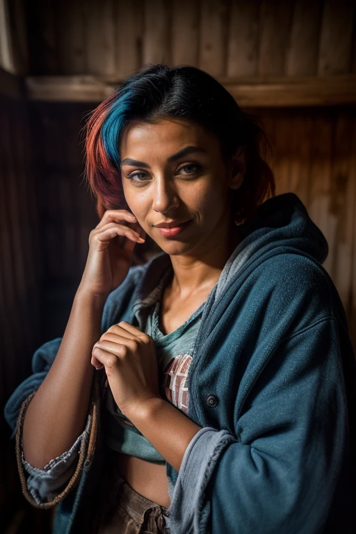 DEN_roxie_sinner,
((dressed in rags:1.2) in a (shanty shack:1.1) made of wood and sticks, apothecary, (alchemy:1.1), witchdoctor, mystic, decaying, (rundown shack:1.2), (dark room:1.2), shanty shack, (wearing raggedy clothing:1.1), (rag clothes:1.2):1.2),
bokeh, f1.4, 40mm, photorealistic, raw, 8k, textured skin, skin pores, intricate details <lora:epi_noiseoffset2:1>, epiCRealism <lora:ClothingAdjuster3:-1.3>