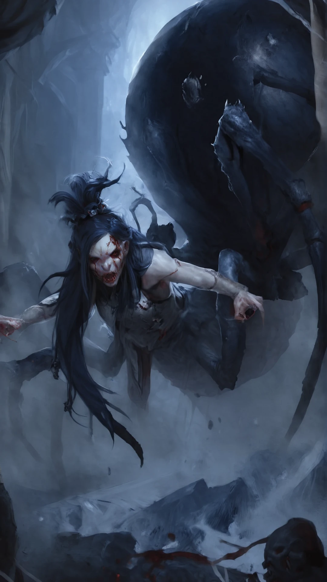closeup, portrait, <lora:4r4chn1dXL:1> fantasy 4r4chn1d 1girl, detailed face, concept art, digital art, realistic, closeup, (bloody:0.7), solo, warrior, arachnid, angry, evil, monster face, creature face, character focus, Indigo hair, white skin, corpse,crystal,long hair, combat stance, attacking, fearsome
