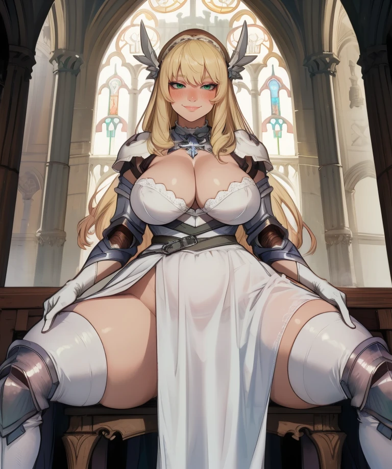 maria,green eyes,blonde hair,
white dress,armor,gauntlets,or gloves,long skirt,thigh boots,white underwear,curvy,cleavage,
light smile,sitting,spread legs,blush,
cathedral,
(insanely detailed,  masterpiece, best quality),solo,<lora:ValkyrieMaria:0.8>,