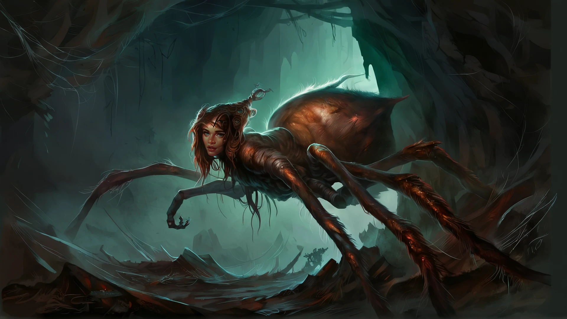 score_9, score_8_up, score_7_up, score_6_up, <lora:4r4chn1dPony:0.9> fantasy 4r4chn1d 1girl, perfect face, detailed face, concept art, digital art, realistic,  closeup, medium shot, ,  solo, warrior, arachnid, angry, evil, character focus, Copper hair, dark skin, cavern,corpse,sword, combat stance, attacking, fearsome, scary horror \(theme\),  (in  __LocationWildcards/locations_fantasy__:0.5), desktop wallpaper, official_wallpaper, desaturated, atmospheric, concept art  <lora:Concept Art Brush Style LoRA_Pony XL v6:0.8> dark theme, low light