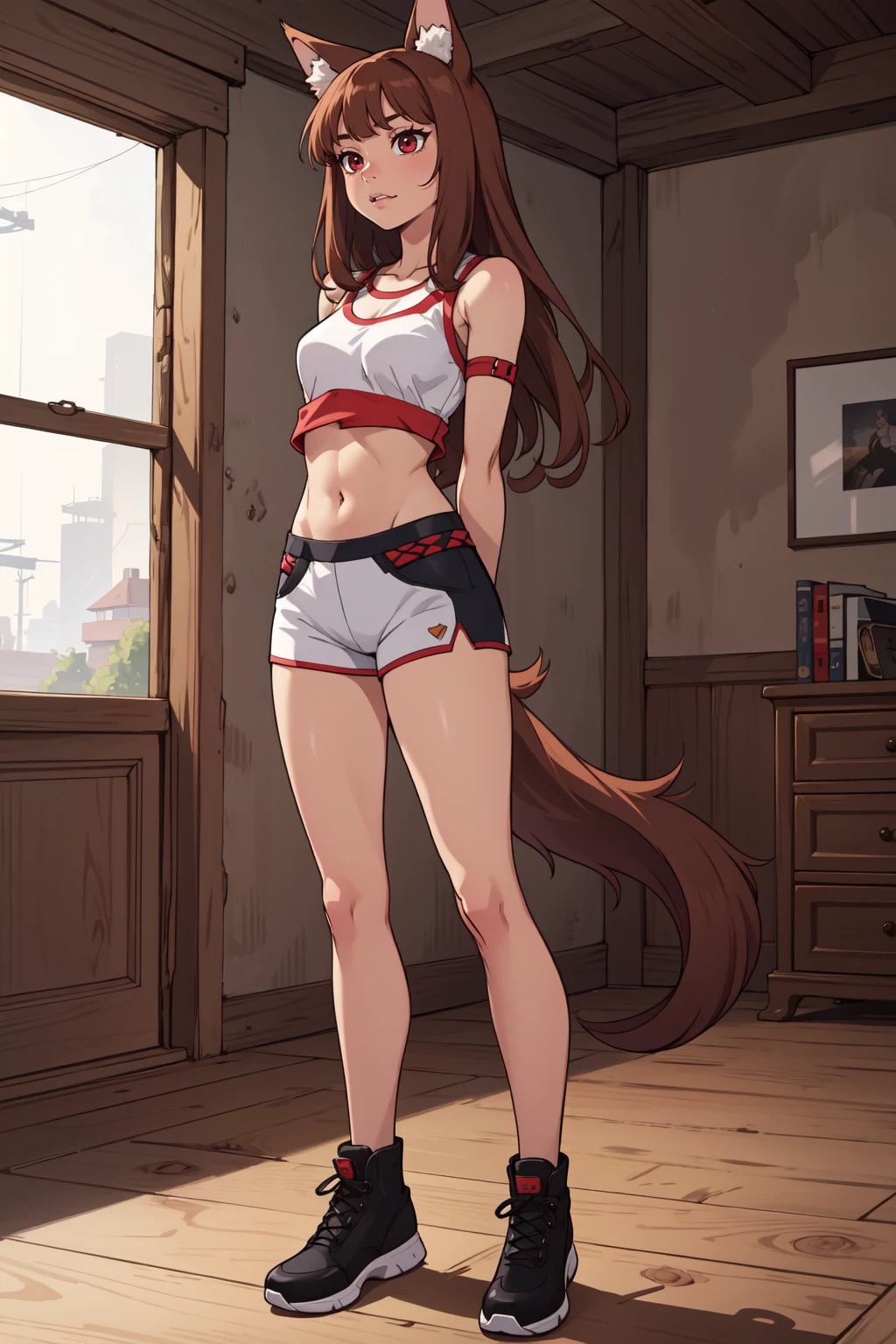 (masterpiece,best quality,absurdres,beautiful,aesthetic,detailed),
BREAK
holo,	Ookami to Koushinryou,fangs, tail, real dog ears, red eyes, brown hair, long hair,<lora:HoloSpiceAndWolf_TEKKIO:0.7>,wavy mouth, closed mouth
BREAK
({midriff|navel}:1.3)
BREAK
(leaning towards:1.3)_(arms behind back:1.3)
BREAK
(from afar, full body:1.3)
BREAK
(location:1.3)