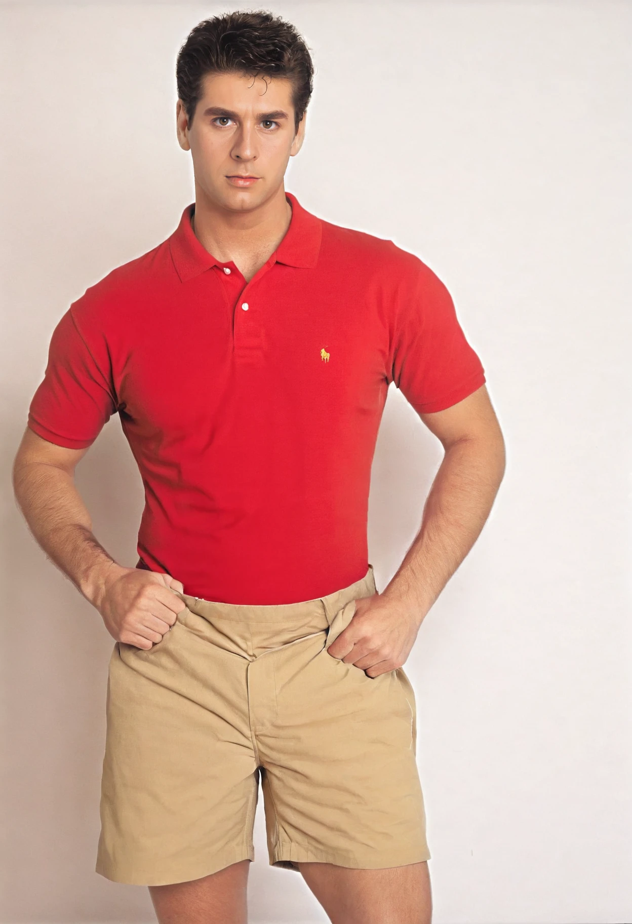 photo of ryanperson <lora:ryan_xl_epoch_8:1> wearing a fitted red polo shirt and tight khaki shorts, looking at viewer, against white background