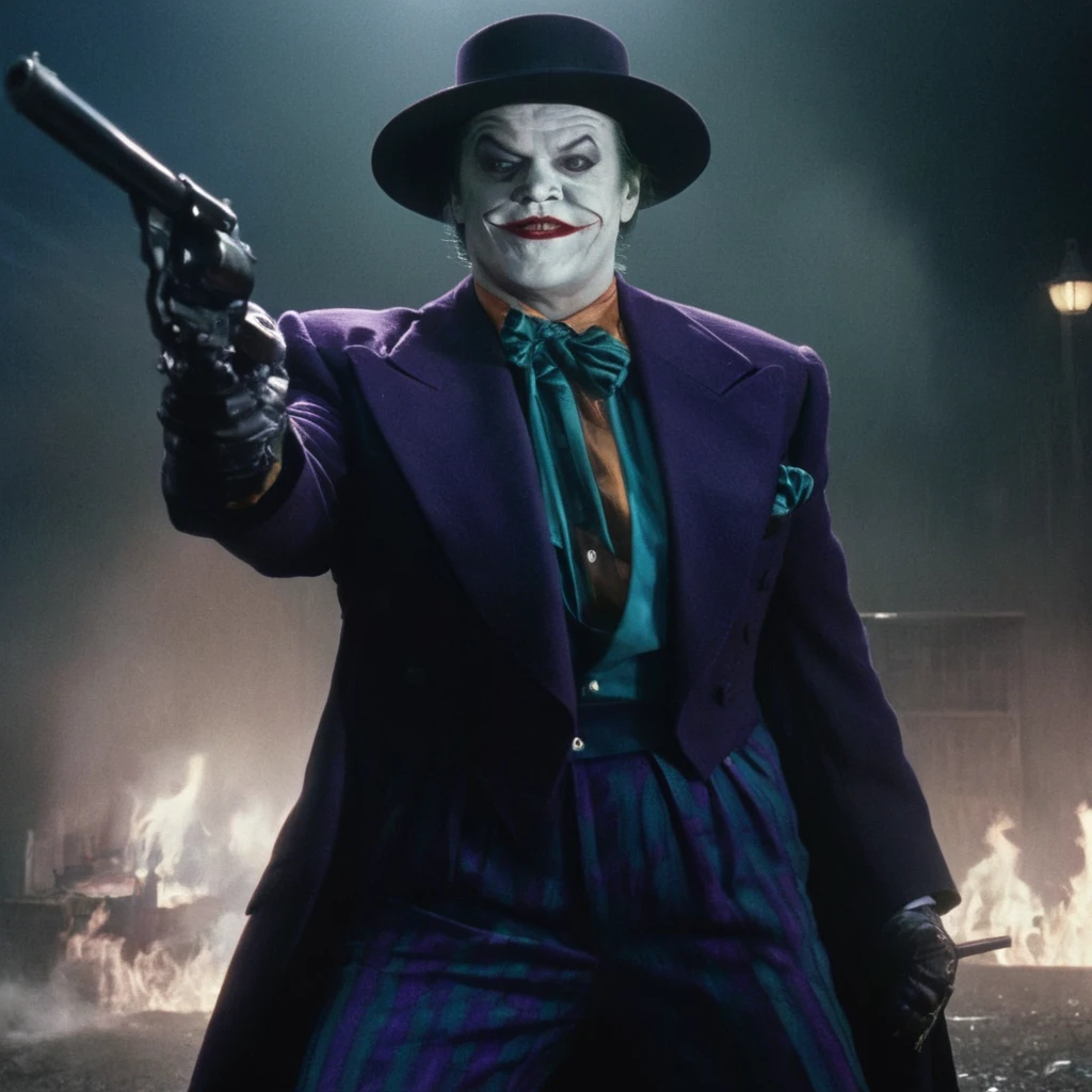 Horror-themed,  <lora:joker 89:1>
Jack Nicholson Joker 89 gangster a man dressed as the joker holding a gun,solo,looking at viewer,smile,shirt,black hair,gloves,1boy,upper body,male focus,teeth,black gloves,grin,black shirt,black nails,evil smile,evil grin , realistic, sharp, detailed, classic, 1980's, clown, photography, artistic, gotham city, crazy, Eerie, unsettling, dark, spooky, suspenseful, grim, highly detailed