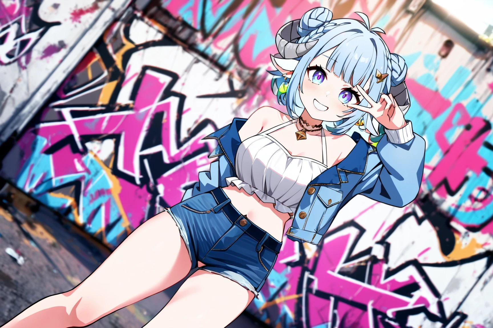 (MinaiAruma:1.2), 1girl, grin, (v over eye:1.1),
(graffiti:1.5) crop top, off shoulder, denim jacket, denim shorts, crystal earrings, hair ornament,
dynamic pose, looking at viewer, graffiti, popular style, wide_shot, dutch angle, foreshortening, masterpiece, newest, absurdres, <lora:MinaiArumaXL:1>,