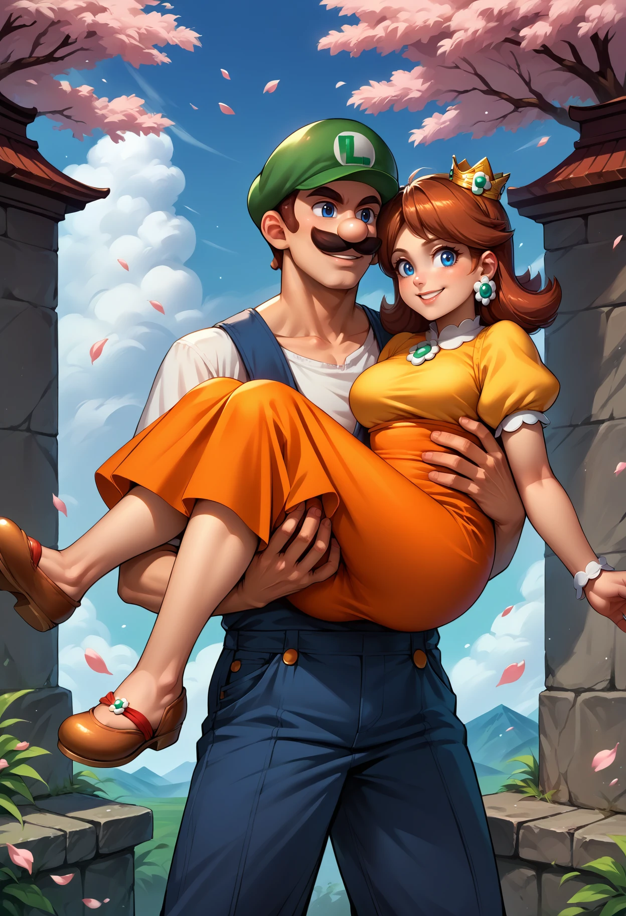 score_9, score_8_up, score_7_up, source_anime, princess carry
BREAK outdoors, day, cherry blossoms, 
BREAK 1boy, male focus, Incrsluigi, luigi, green headwear, smile, <lora:Luigi_XLPD:1>, blue overalls, white gloves, long sleeves, muscular, standing, 
BREAK 1girl, princess daisy, orange dress, crown, smile, short sleeves, puffy sleeves, jewelry,