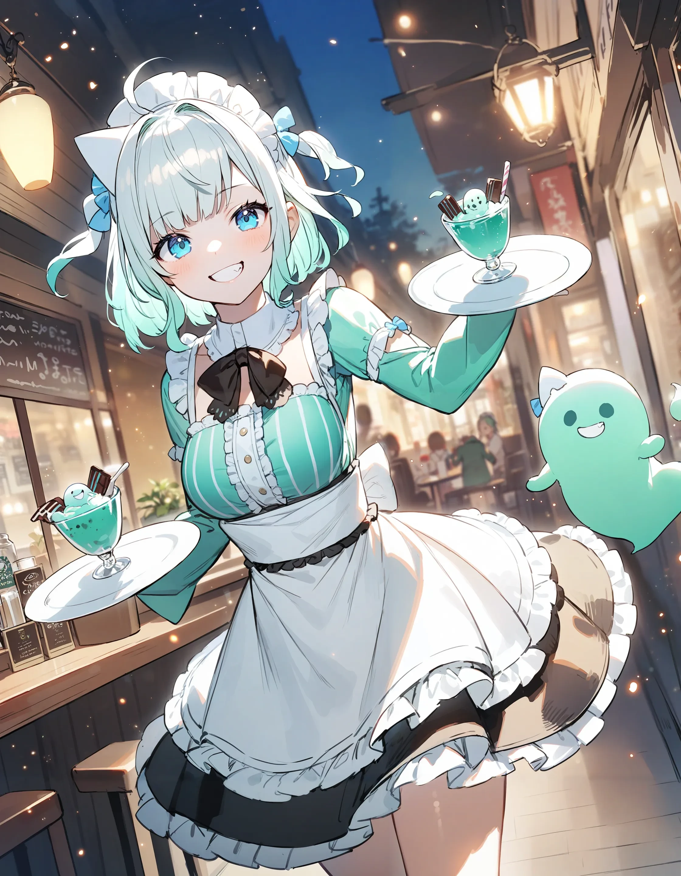 1girl, mint fantome \(frilly\), lack,
maid, cafe, light particles, [sleeves past fingers:3], maid headdress,
smile, holding plate, mint chocolate, outdoors, grin, pose, ghost,
best quality, masterpiece
<lora:char_mintfantome-v2_1_res:1>