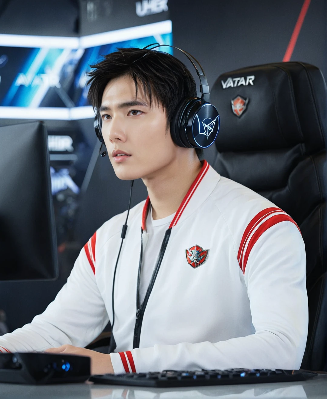 Hyperrealistic art  (RAW photo, 8k uhd, Analog style, Masterpiece, Best Quality, Highres:1.3), (dramatic, cinematic:1.2), BREAK,
<lora:Yang_Yang_-_Kings_Avatar:1>yang yang, king's, avatar, sitting at a computer, headset, gaming, arena background, raytraced . Extremely high-resolution details, photographic, realism pushed to extreme, fine texture, incredibly lifelike