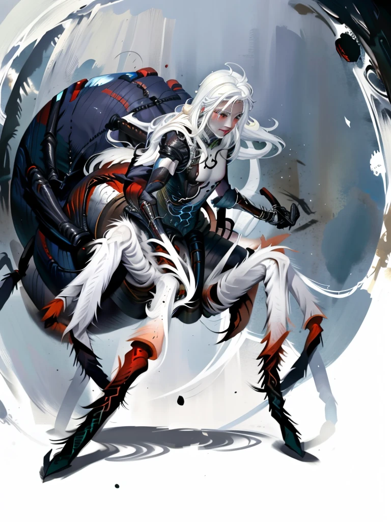 <lora:4r4chn1d:1> 4r4chn1d 1boy solo, warrior, arachnid character focus, White hair, white skin, weapon,corpse, combat stance (in  silvermoon citadel, moonlit spires, elven elegance, seat of power:0.5), (Masterpiece:1.3) (best quality:1.2) (high quality:1.1)