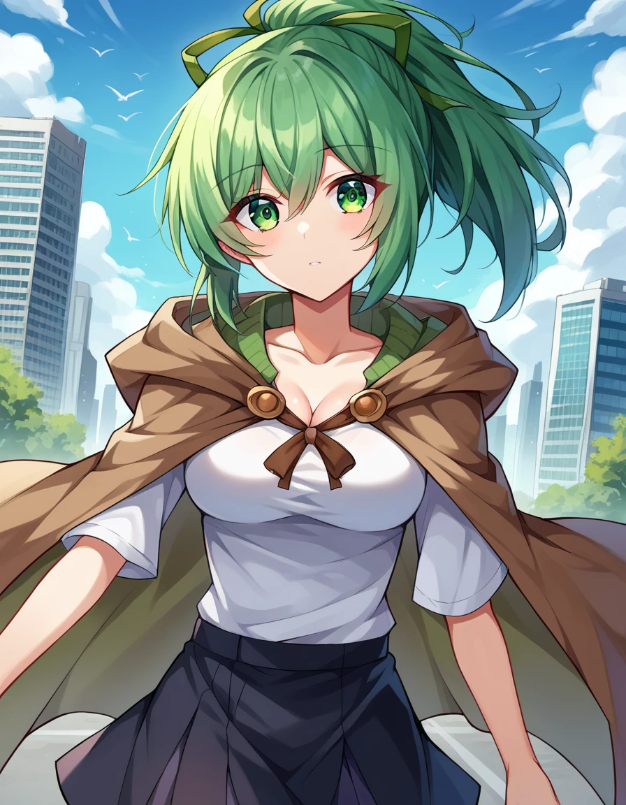 score_9, score_8_up, score_7_up, source_anime,
wynnthewindcharmer, <lora:wynn-the-wind-charmer-ponyxl-lora-nochekaiser:1>,
wynn the wind charmer, eyes visible through hair, green eyes, green hair, ponytail, ribbon, hair ribbon,
black skirt, brown cape, cape, cleavage, shirt, skirt, white shirt,
outdoors, cityscape,
looking at viewer, cowboy shot, dutch angle,