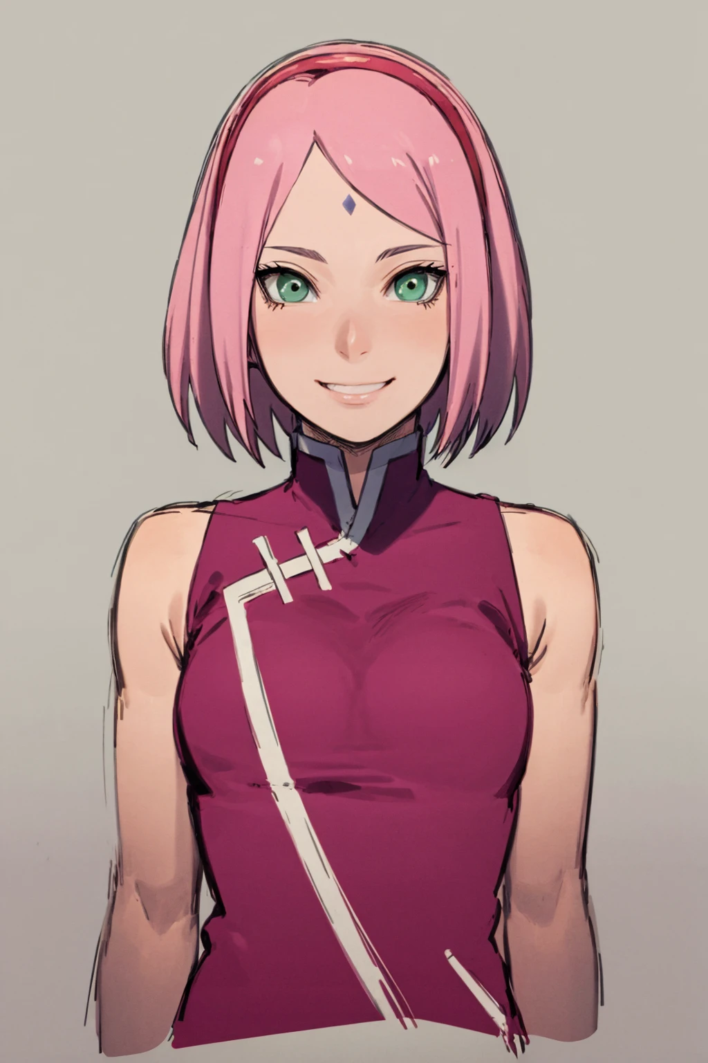 masterpiece, best quality,
1girl, haruno sakura, pink hair, short hair, green eyes, hairband, forehead mark, red sleeveless dress,
smile,  upper body, solo, looking at viewer, sketch, simple background   <lora:SakuraBoruto:1>