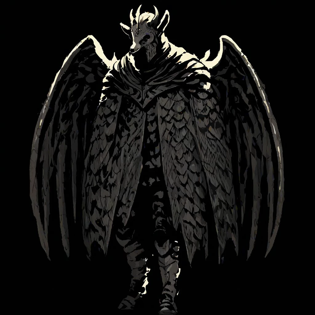 wizardry, illustration, Male, Knight, templar, goat legs, wings, crested shield, silhouette