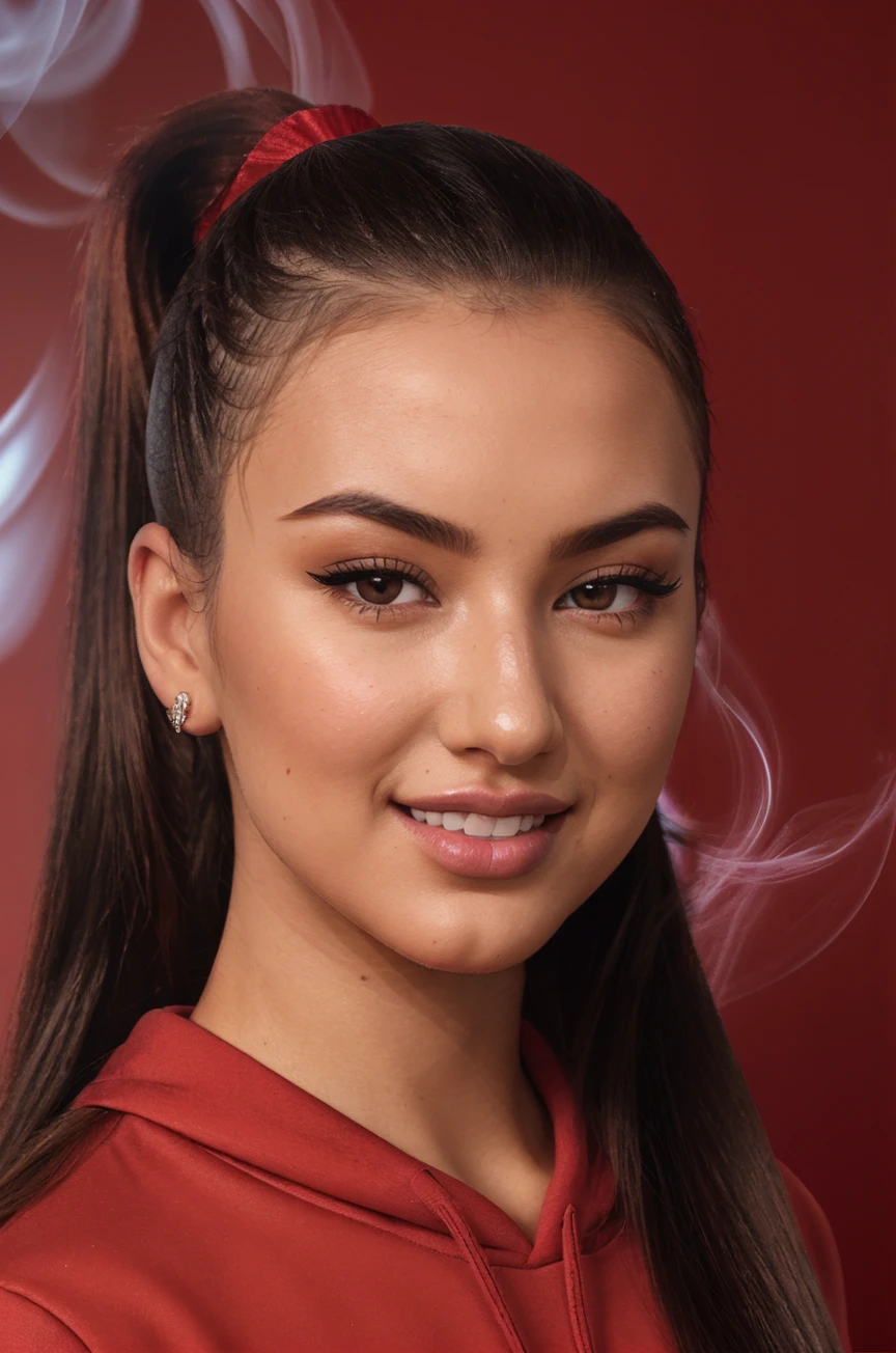 DV_S2_Amanda_Vicious (Ponytail:1.6)((Red Theme, Red backdrop:1.4)) (Close-Up Shot, headshot:1.4) wearing (Black sweatshirt :1.4) 35mm, F/2.8 ((Photo Focus, DOF, Aperture, insanely detailed and intricate, character, hypermaximalist, elegant, ornate, beautiful, exotic, revealing, appealing, attractive, amative, hyper realistic, super detailed, heresy flares)) (volumetric red smoke:1.3) (red lens flare:1.2)(sharpness:1.3)(details:1.3) (Facial Close up shot:1.4)(smile:1.6)