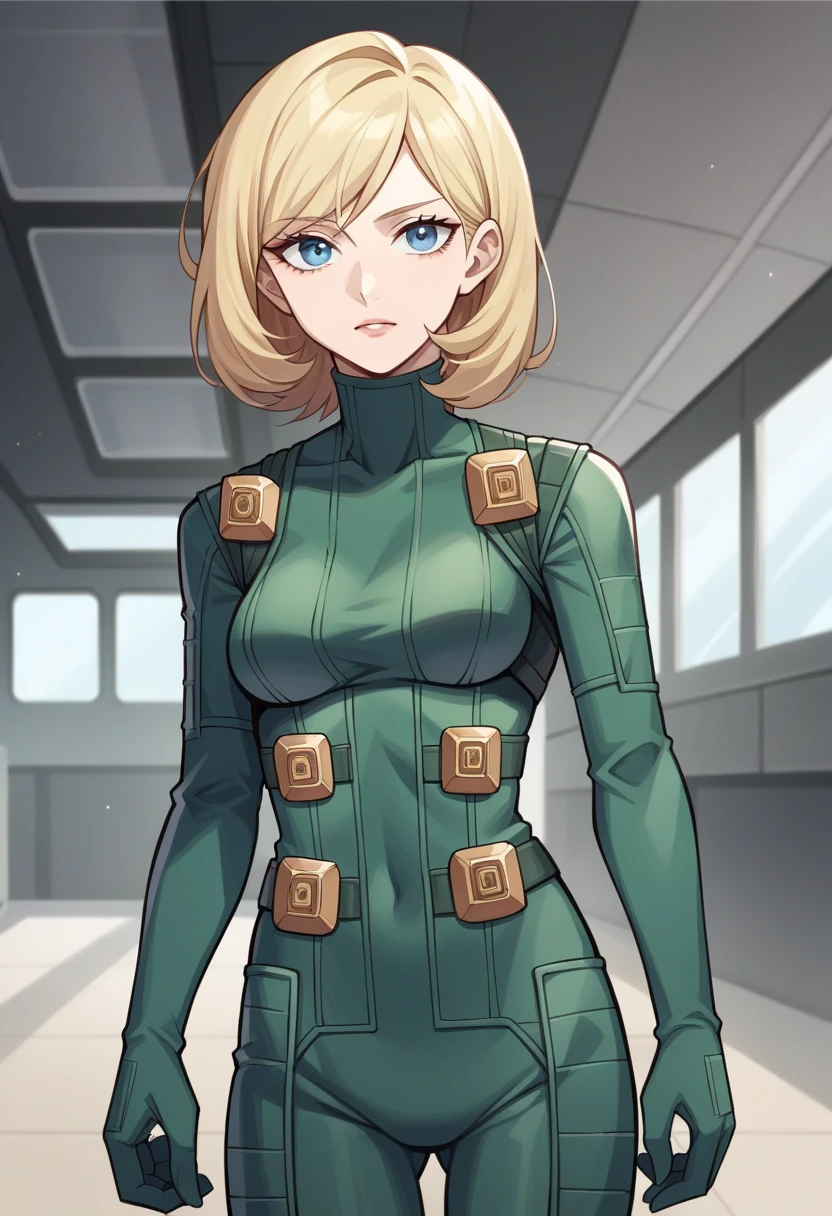 score_9, score_8_up, score_7_up, source_anime BREAK 1girl, solo,  <lora:zs_ZeleninXL:1> zeleninsmtsj, blonde hair, short hair, blue eyes, green bodysuit, cowboy shot, spaceship interior, looking at viewer