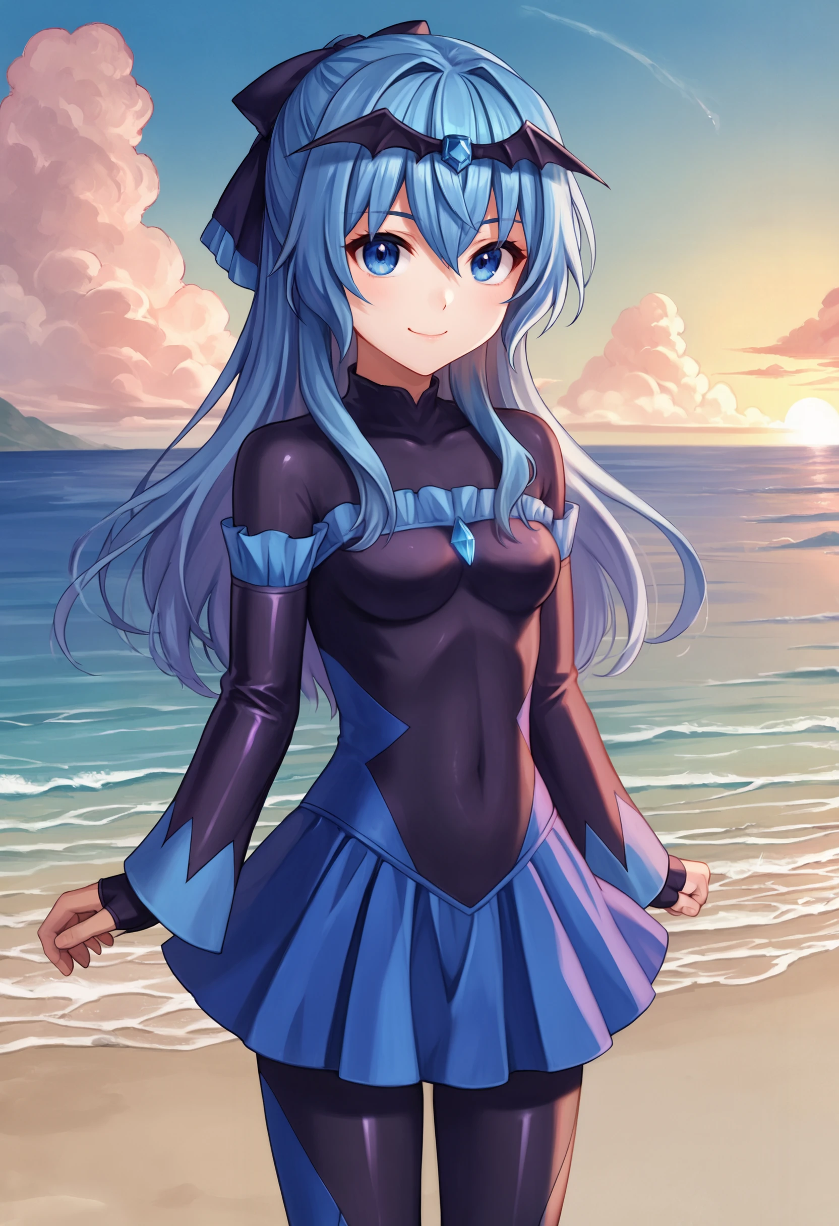 zPDXL, source_anime, BREAK
liselotte, blue hair, sidelocks, blue eyes,
closed mouth, light smile,
badend bodysuit, blue badend, skirt,
cowboy shot, standing,
beach,   <lora:bad-end-ot4-006:0.8> <lora:liselotte-ot-pony3-006:0.6>