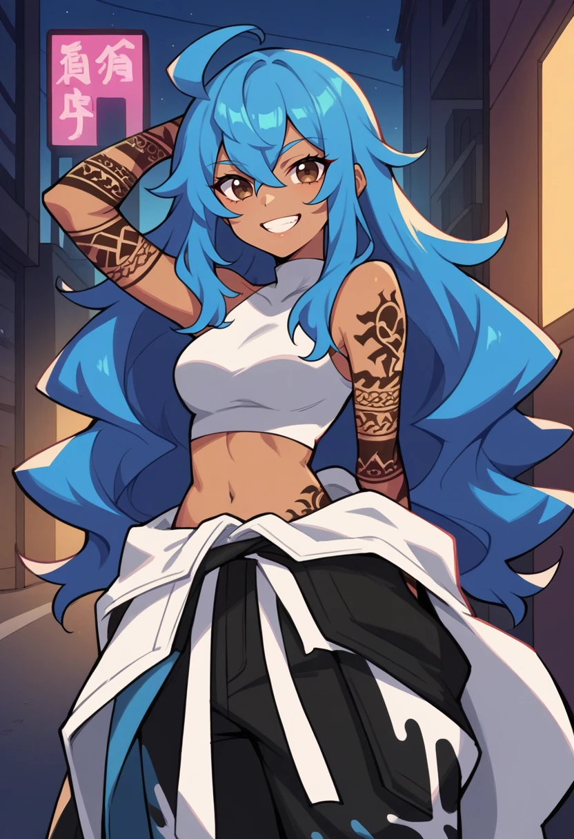 score_9, score_8_up, score_7_up, source_anime BREAK 1girl, solo,   <lora:zs_GuernicaXL:1> guernicap5t, dark skin, brown eyes, arm tattoos, crop top, midriff, clothes around waist, black pants, very long hair, blue hair, city, night, graffiti, smile, looking at viewer