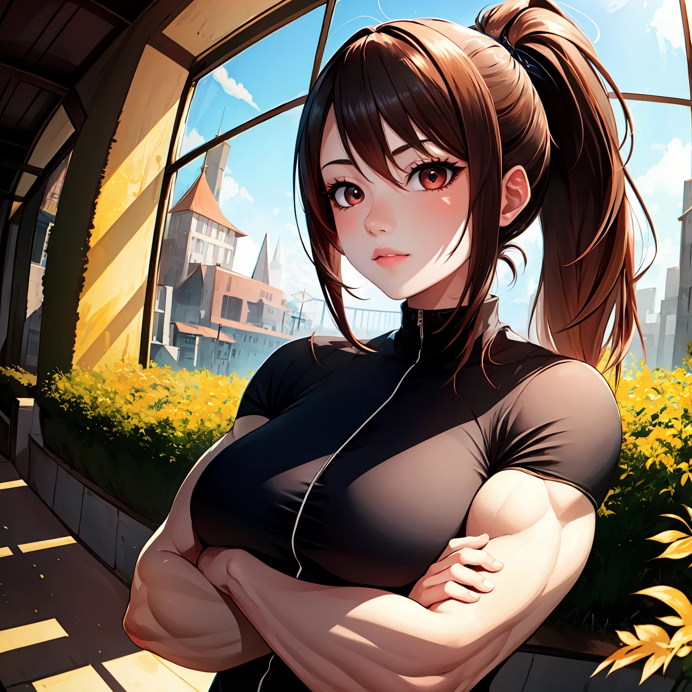 (masterpiece,isometric, best quality:1.11),akiraga,1girl,solo,(muscular:1.1),medium breasts,in a botanical garden,(crossed arms),brown hair,ponytail,(pretty beautiful outgoing face),(detailed symmetrical brown eyes:0.9),up sleeve,(fisheye:1.1),absurdres,<lora:akiraGA0.96.32tx1-000004:0.56>