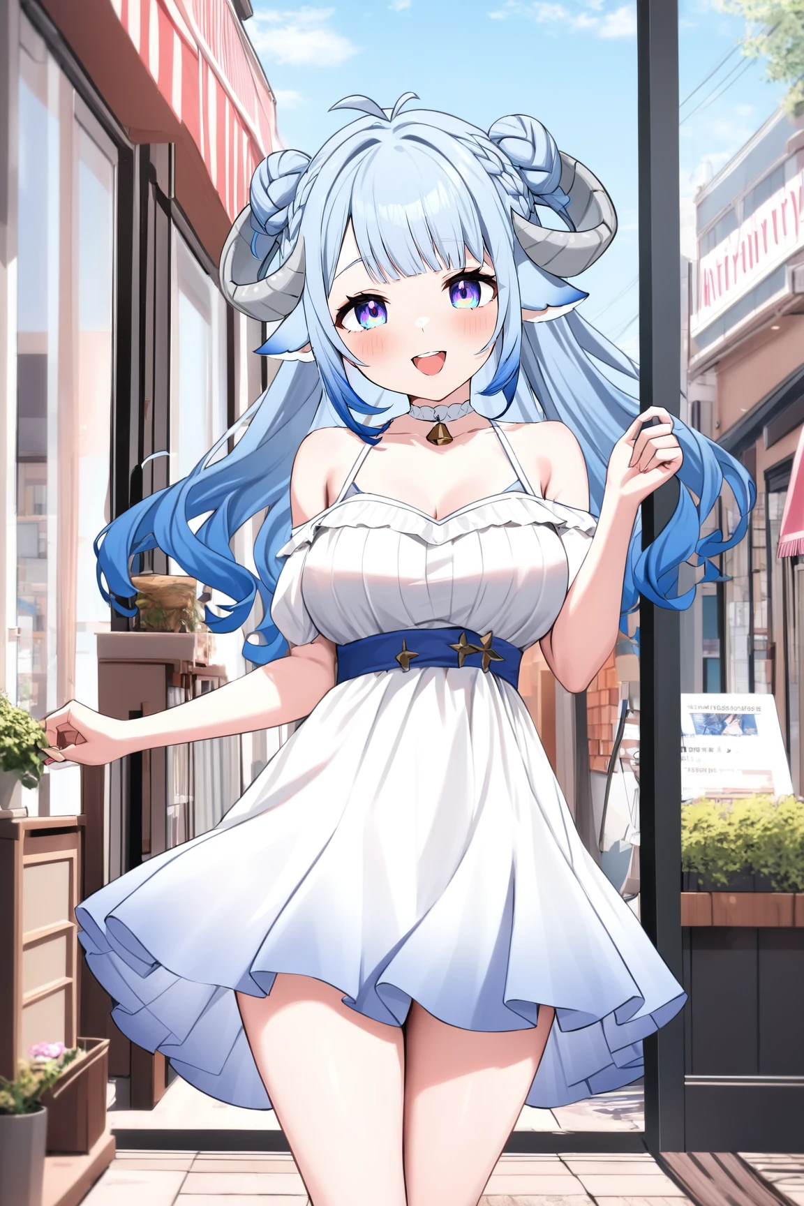 (MinaiAruma:1), 1girl, gradient hair, happy, dynamic pose,
informal dress,
storefront, outdoors,
looking at viewer, dating, masterpiece, newest, absurdres, <lora:MinaiArumaXL:1>,