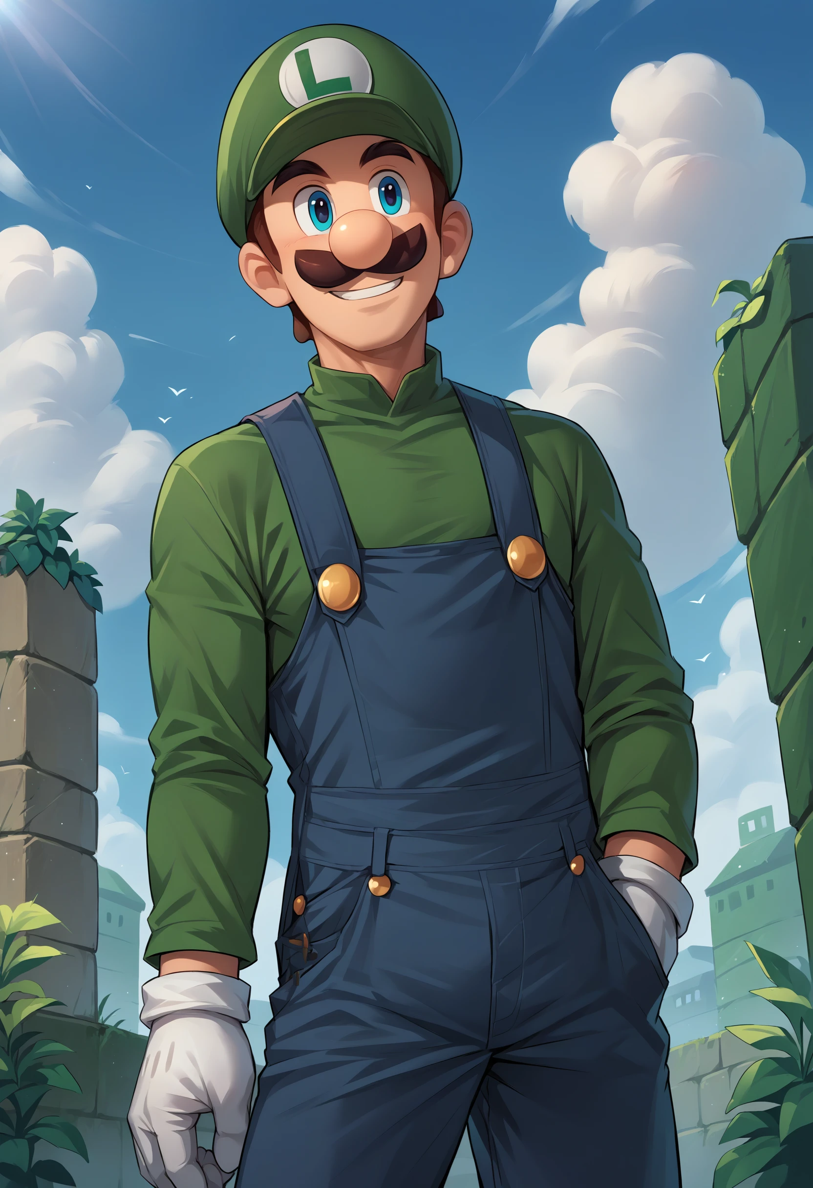 score_9, score_8_up, score_7_up, source_anime, 1boy, solo, male focus, Incrsluigi, luigi, green headwear, cowboy shot, smile, <lora:Luigi_XLPD:1>, blue overalls, white gloves, long sleeves, outdoors,