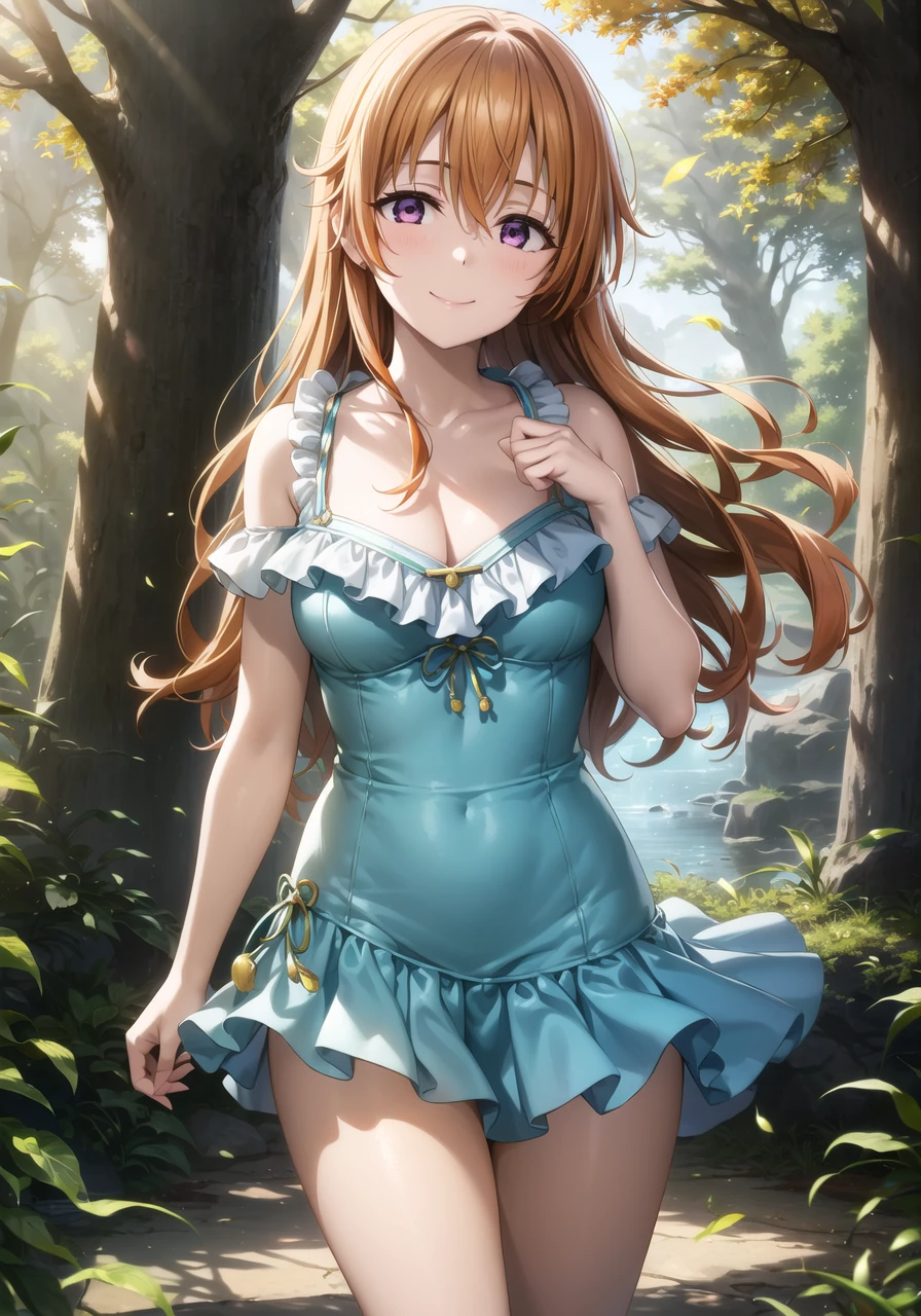 (masterpiece, best quality, ultra-detailed), (illustration), (beautiful detailed eyes), 1girl, solo, <lora:kanata_loraV1.1:0.8> konoe kanata, long hair, (orange hair, brown hair:1.2), purple eyes, bangs, medium breasts
dress, collarbone, groin, cleavage, thighs, bare shoulders, frills, frilled dress
light smile, cowboy shot, tareme
(lake, forest, blue sky, greenery, rocks, trees, leaves, autumn leaves:1.1), depth of field,  <lora:add_detail:0.4> <lora:GoodHands-vanilla:1> <lora:tareme:0.4>, <lora:apstyle2:0.55> apstyle3 apstyle ah1