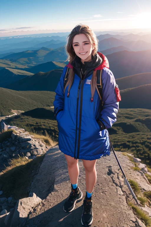 real, (realistic), super detailed, (4k), 8k, 21 year old woman stand on a mountaintop, smiling