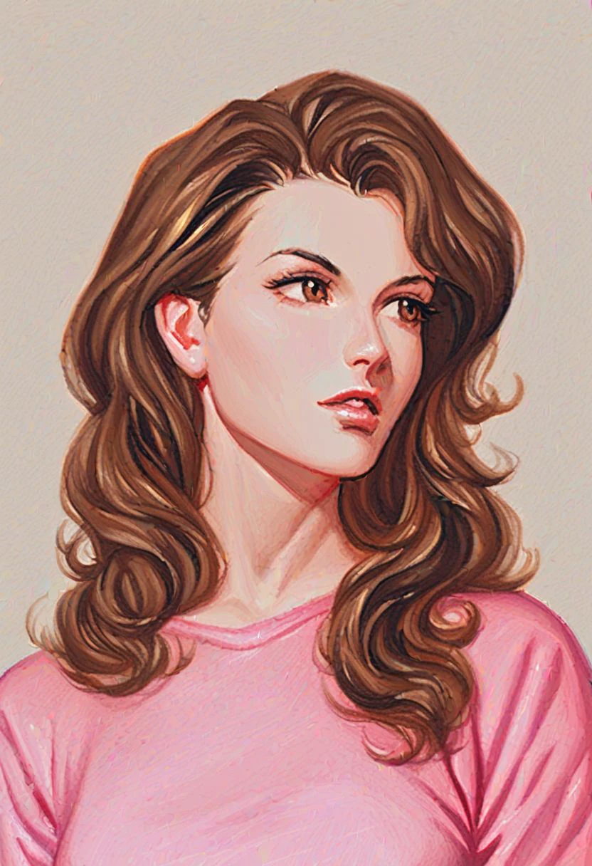 score_9, solo, BREAK Portrait, PONYXL_PabloRomero_80sRetro_ownwaifu, 1girl, long hair, brown hair, traditional media, parted lips, brown eyes, looking to the side, pink shirt, hair behind ear, long sleeves, painting (medium), retro artstyle, 1980s \(style\)