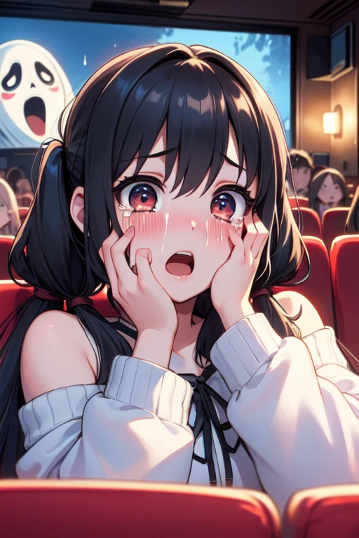 (((masterpiece))), (((best quality))), (((big screen))), (((side face))), (((scream movie))), (((huge ghostface))), (((crowd))), ((hand on own face)), ((3girls snuggle up)), ((cinema seating)), ((scared)), ((crying with eyes open)), ((off-the-shoulder sweater)), cocacola, disposable cup, popcorn, stairs, night, open mouth, 1girl, big tits, blonde twintails, ribbon, sweat, shy, blush, slim figure, <lora:girllikescreammovie:0.8>