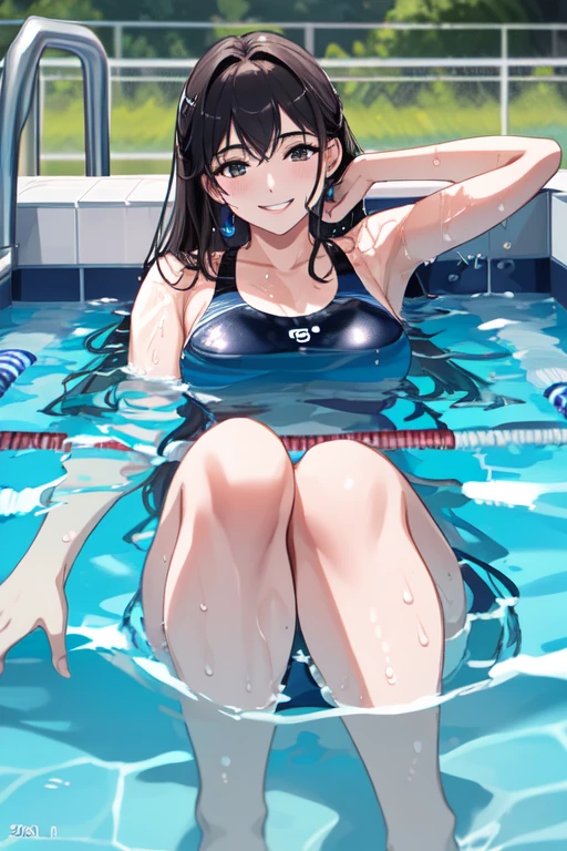 lighting like a movie、top-quality、(1 female)、School swim wear、squatting and opening legs、open one's legs、embarrassed from、school swimming pool、Eyes from below、full of sweat、A dark-haired、Wearing sweat、