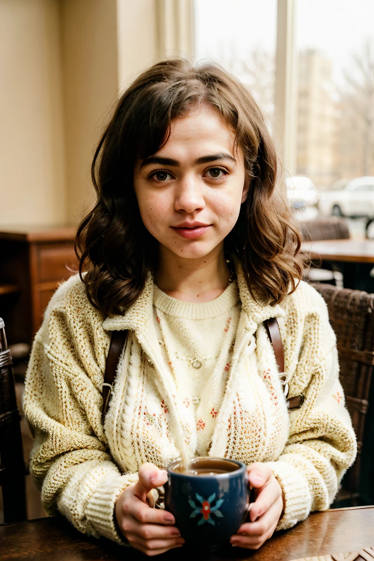 tv_Solomiya_Maievska_M_v2, , , wearing a cozy sweater, sitting in a cafe, holding a cup of steaming tea, flirty expression,, 8k resolution, highres, high detail, sharp focus, detailed skin, 8k uhd,