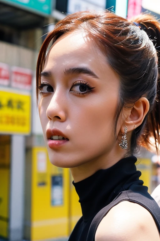 (Award Winning Photo:1.3) of (Masterpiece:1.3),(Lustful:1.3) RAW photo, A girl (heavy glam make up) stands against a wall with graffiti, looks at the camera, leans her back against the wall, side view, wearing a beautiful Gucci dress, future city street, neon lights, professional shot for a magazine of the upper half of the body, raw photo, canon 5d, depth of field, (high detailed skin:1.2), 8k uhd, dslr, soft lighting, high quality, film grain, Fujifilm XT3 <lora:Brigitte_Lin:0.8>,Highly Detailed,(close portrait:1.3),(Feminine:1.4),(beautiful:1.4),(attractive:1.3),handsome,calendar pose,perfectly detailed eyes,studio lighting,thematic background