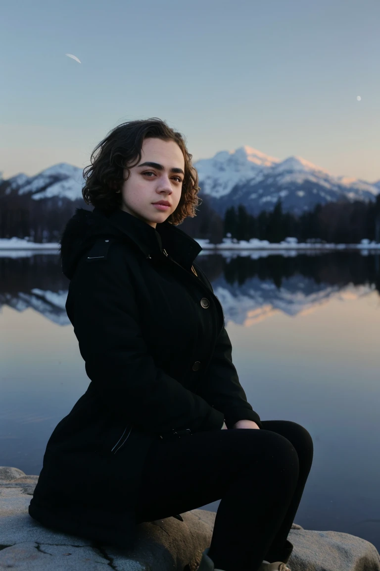 tv_Solomiya_Maievska_M,, ,  , sad expression, wearing a winter coat, wearing winter pants, wearing winter boots, sitting on a rock by a frozen mountain lake, midnight, moonlight, shot from the side,, 8k resolution, highres, high detail, sharp focus, detailed skin,  8k uhd,