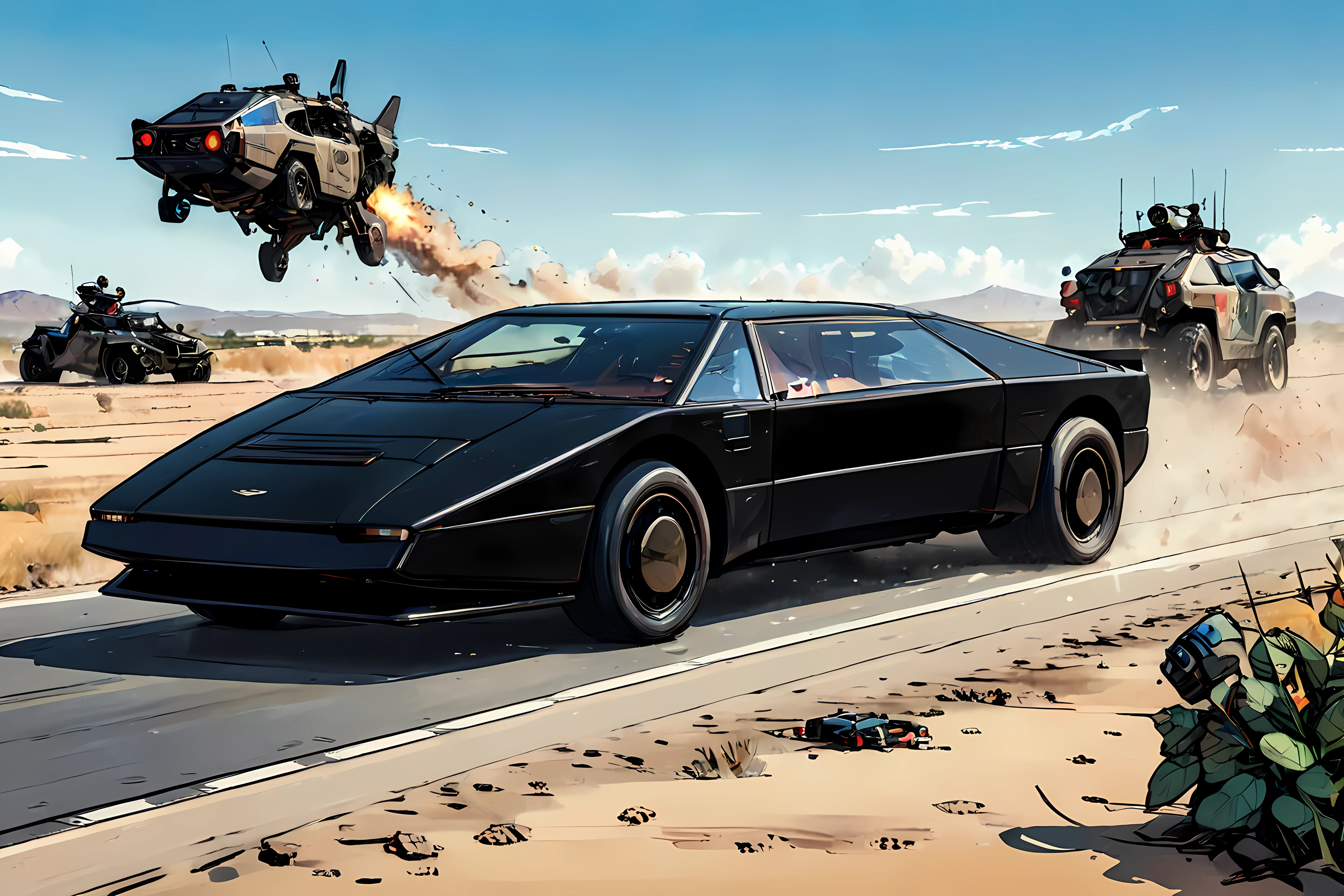 <lora:aston_martin_bulldog_sdxl_lora_f16:1>,, a (black aston martin bulldog):1.5, chased by robots, terminator, epic, action, cinematic, motion trails, (colored inked, comics, graphic novel illustration, flat colors, highly detailed, large gradient, paper texture, color graded illustration, comics page):1.5, blue sunny sky, dynamic angle