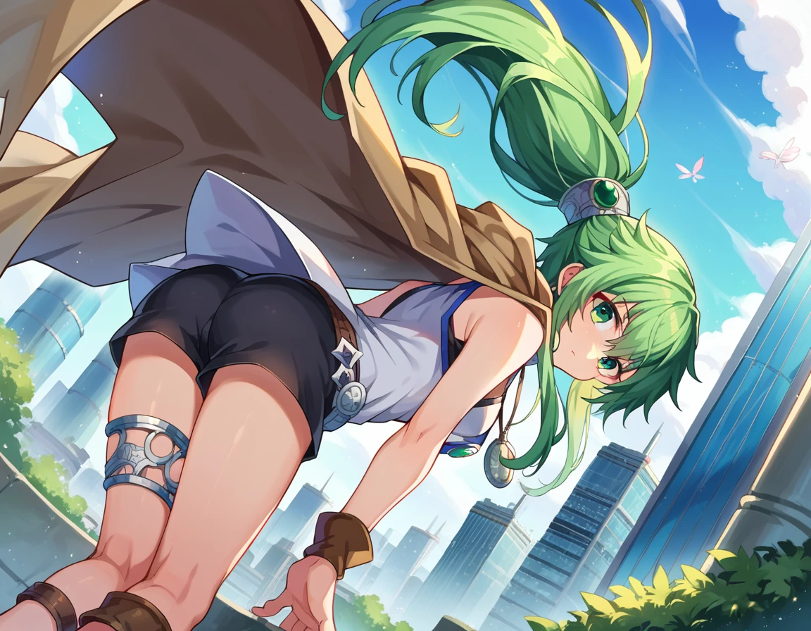 score_9, score_8_up, score_7_up, source_anime,
windapriestessofgusto, <lora:winda-priestess-of-gusto-ponyxl-lora-nochekaiser:1>,
winda priestess of gusto, green eyes, green hair, long hair, ponytail,
choker, cape, brown cape, jewelry, pendant, anklet, black shorts, collarbone, shirt, short shorts, shorts, sleeveless, sleeveless shirt, thighlet, white shirt,
outdoors, cityscape, bent over,
looking at viewer, cowboy shot, dutch angle,