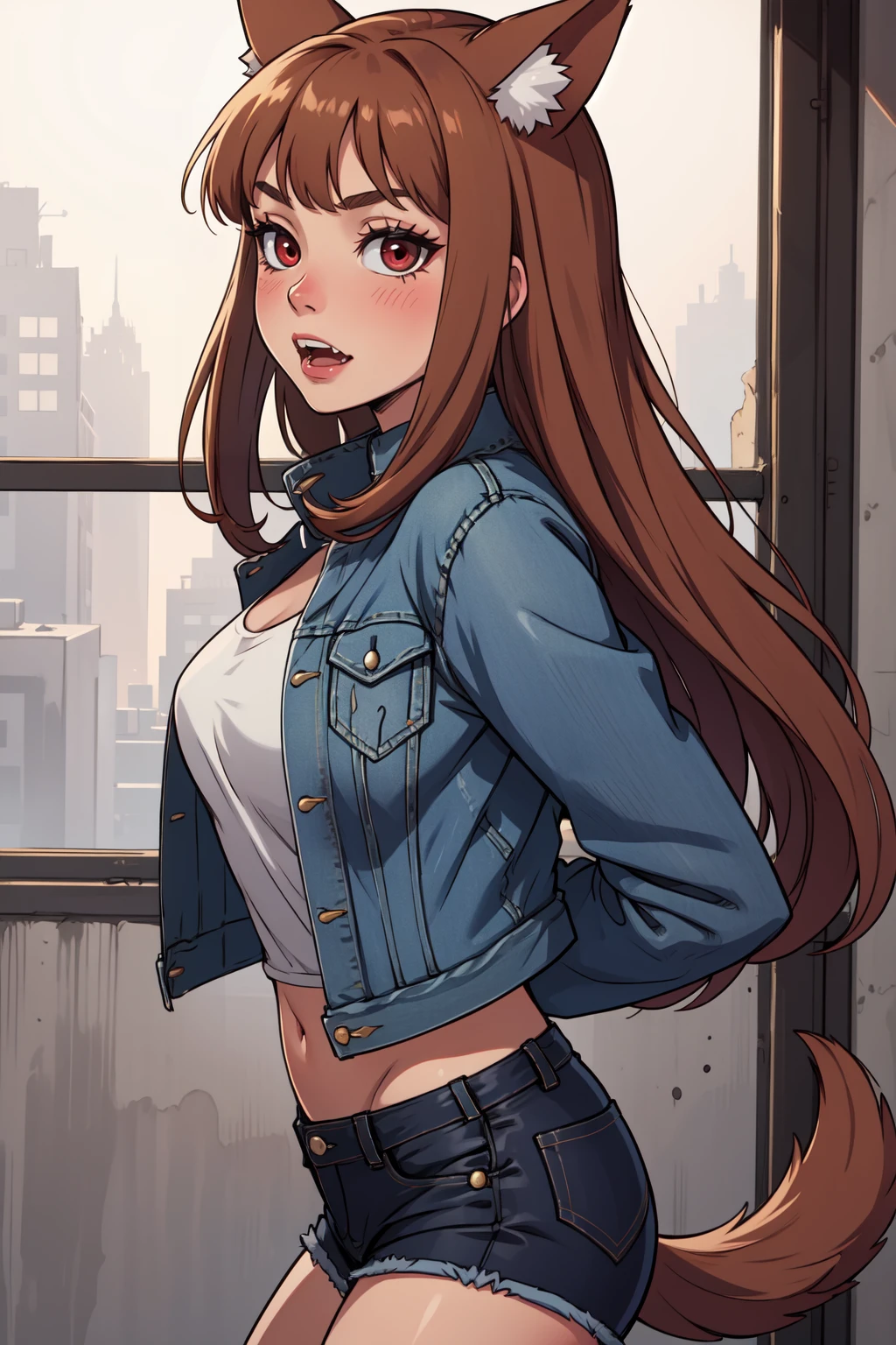 (masterpiece,best quality,absurdres,beautiful,aesthetic,detailed),
BREAK
holo,	Ookami to Koushinryou,fangs, tail, real dog ears, red eyes, brown hair, long hair,<lora:HoloSpiceAndWolf_TEKKIO:0.7>,embarrassed, nose blush
BREAK
(denim jacket:1.3)
BREAK
(leaning towards:1.3)_(arms behind back:1.3)
BREAK
(from side:1.3)
BREAK
(location:1.3)