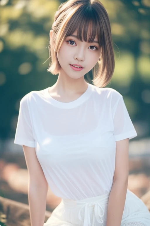 masterpiece, Best Quality, 8K, 20 yo, huge breasts, cuddly, Solo, sad, Cute, Girly, Delicate girl, Neat and clean beauty, Raw photo, Professional Photography, Portrait, Soft light, Professional Lighting, Back lighting, Upper body, from front, Sophisticated, Film grain, (Eyes and faces with detailed:1.0), short length floating hair, beautiful flowing hair, bangs, oversized sport shirt,