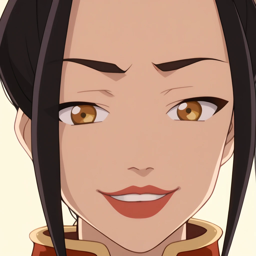 score_9, score_8_up, absurdres, best quality,  anime screencap, anime coloring ,<lora:azula1:1> , azula1, looking at viewer, azula \(avatar\), close-up, portrait, yellow eyes, sidelocks, short hair, black hair, red lips, lipstick, lips, makeup, capelet, chinese clothes, uniform, parted lips, (topknot:1.3), single hair bun, teeth, smirk,