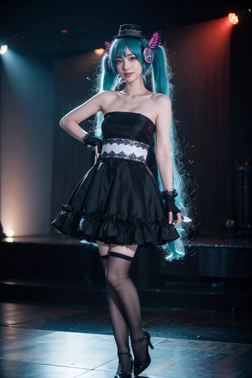 best quality, masterpiece, realistic, photorealistic, 1girl, solo, looking at viewer, smile, standing, full body, arms at side, hatsune miku cosplay costume, hatsune miku, cosplay, twintails, aqua hair, very long hair, strapless dress, dress, fingerless gloves, mini hat, butterfly hair ornament, hair ornament, headphones, butterfly headphones, thighhighs, high heels, in stage, spotlight, bands, audience, <lora:miku_cosplay_magnet_v1:0.6>
